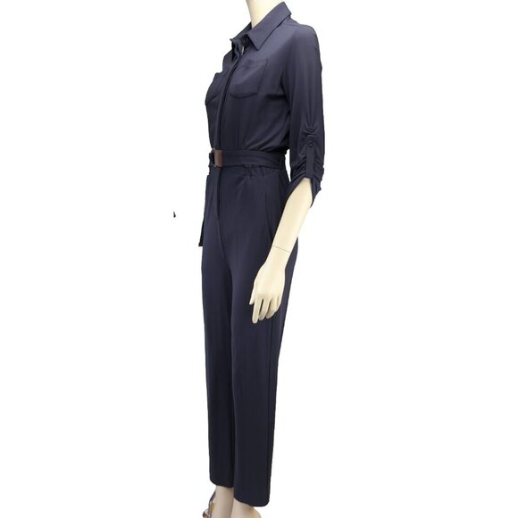 MARC CAIN Preppy Buttonned Polo Collar Belted Roll-Tab Stretch Navy Jumpsuit S - Picture 5 of 10